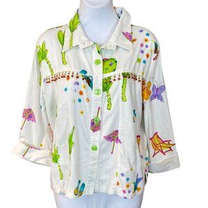 SeaSuns 3/4 Sleeve Linen Blend Embellished Beaded Colorful VTG Shacket Small